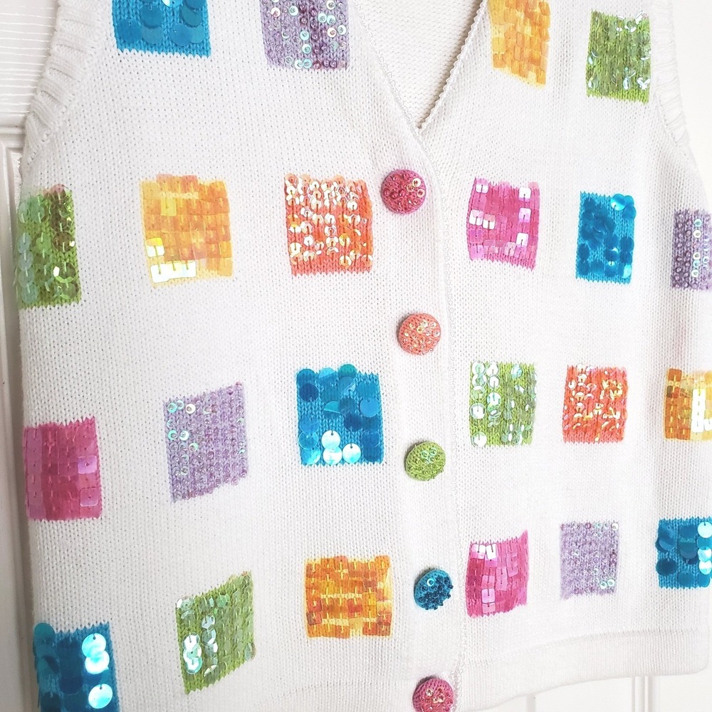 Jack B.‎ Quick Petites White Sequin Square Grid Button Front Sweater Vest PP